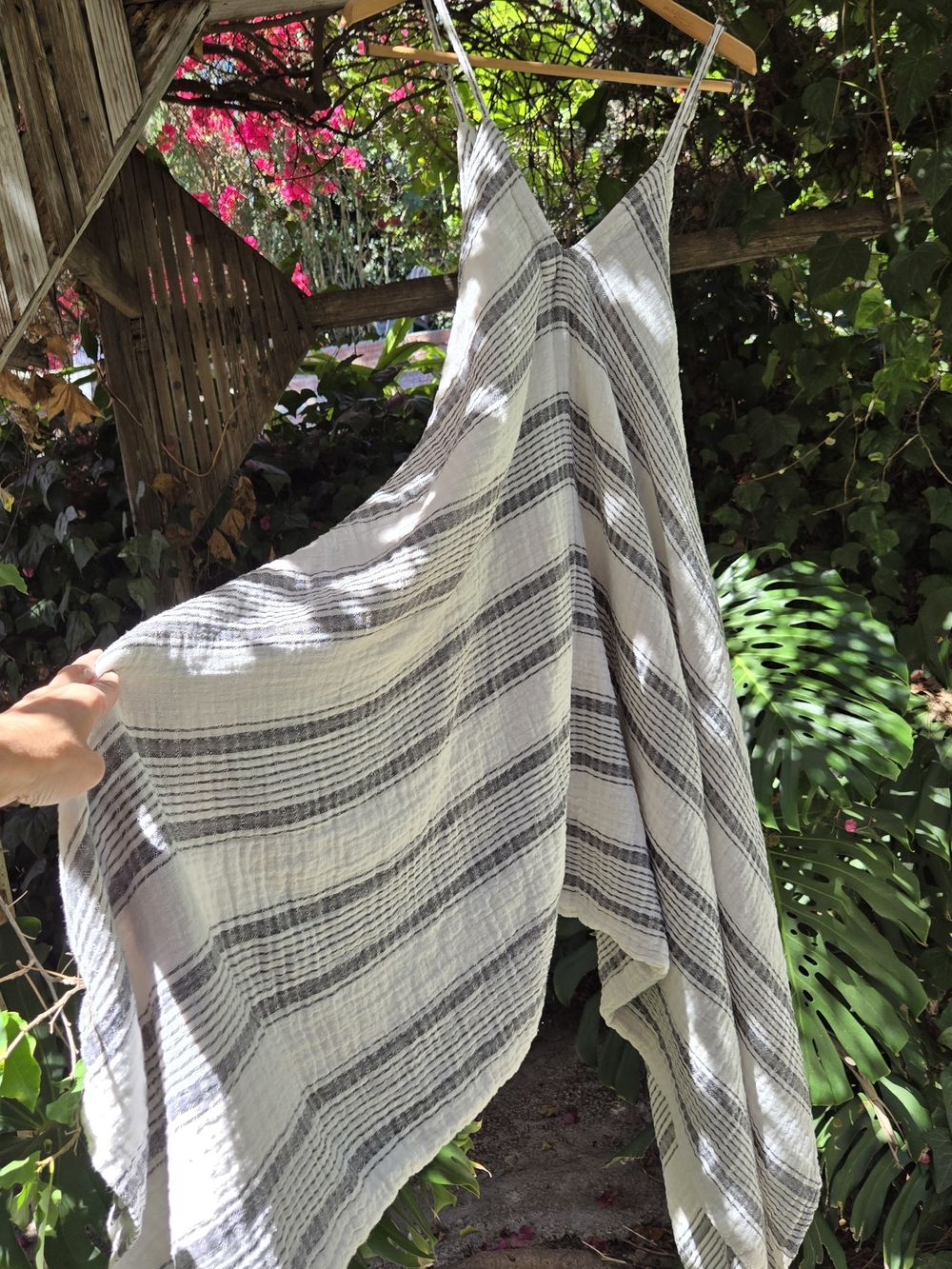 World Market Gauze Harem Jumpsuit White and Gray Striped L XL